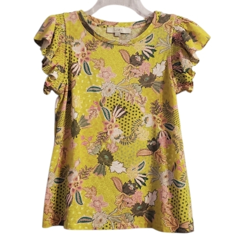 Loft Women's Floral Cotton Blend Ruffle Sleeve Blouse Top S